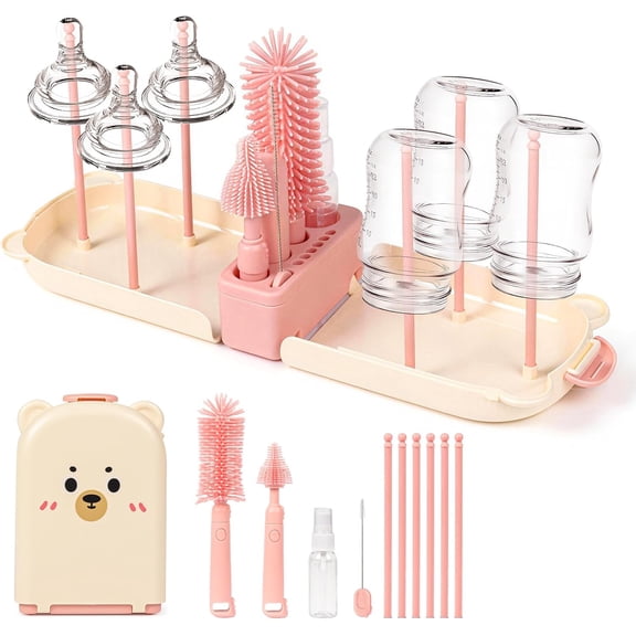 Fkszll Pink Baby Bottle Cleaner Kit with Silicone Brush, Nipple Brush, Straw Brush, Soap Dispenser, Drying Rack  for Home and Travel