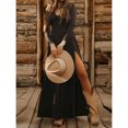thumbnail image 4 of Black V-Neck Wrap Maxi Dress With High Slit, Belted Waist, Long Sleeve For Cocktail Party Vacation, 4 of 5