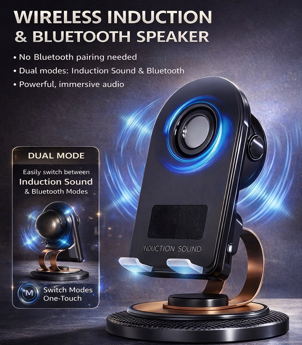 Wireless Induction Speaker with 360° Rotating Phone Stand, No Bluetooth Required, Universal Desktop Phone Holder & Sound Amplifier