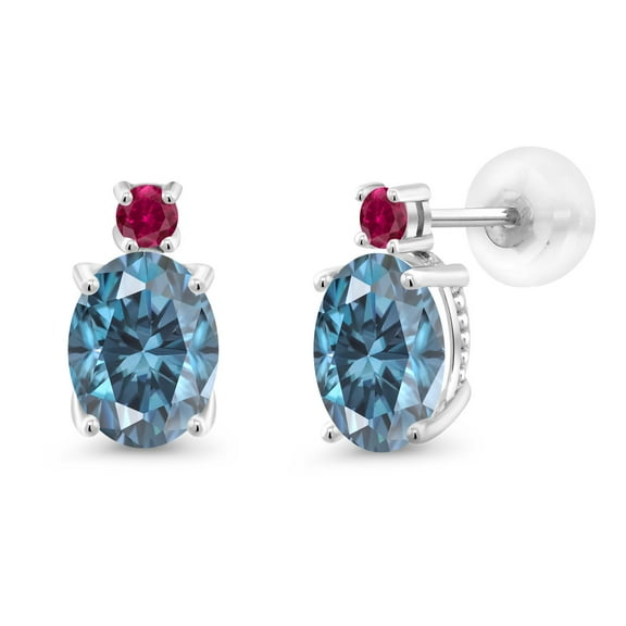 Gem Stone King 14k White Gold Persian Blue Moissanite and Red Created Ruby Earrings for Women (2.88Cttw, Gemstone, Oval 8X6MM, Round 2.5MM)