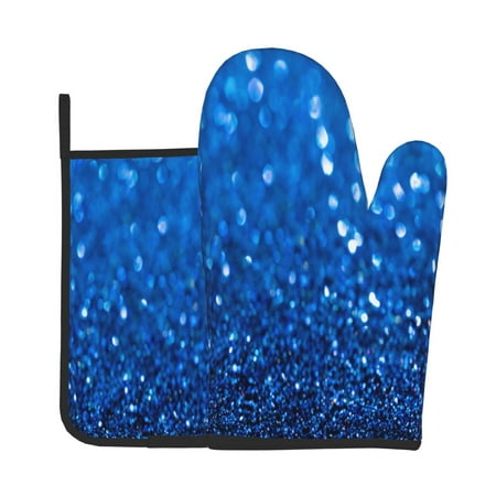 

Xecao A Blue Glitter Pattern Oven Mitts and Pot Holders Sets Heat Resistant Silicone Oven Mittens Extra Thicken Long Kitchen Cotton Oven Glove for Cooking