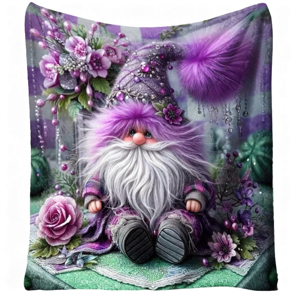 1pc Gnome, Flannel Blanket, Soft, Warm, Purple Floral Print, for Sofa, Bed, Living Room, All-Season, Halloween, christmas, Home Decor, Fall Home