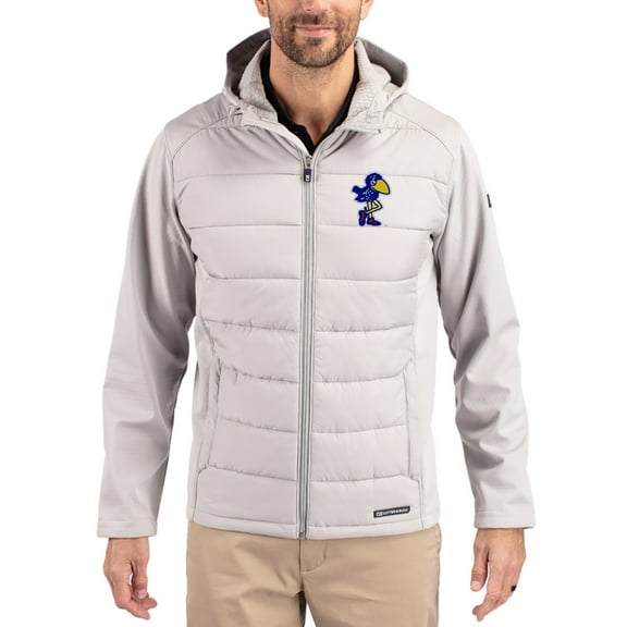 Men's Cutter & Buck Gray Kansas Jayhawks Evoke Hybrid Eco Softshell Recycled Full Zip Hooded Jacket