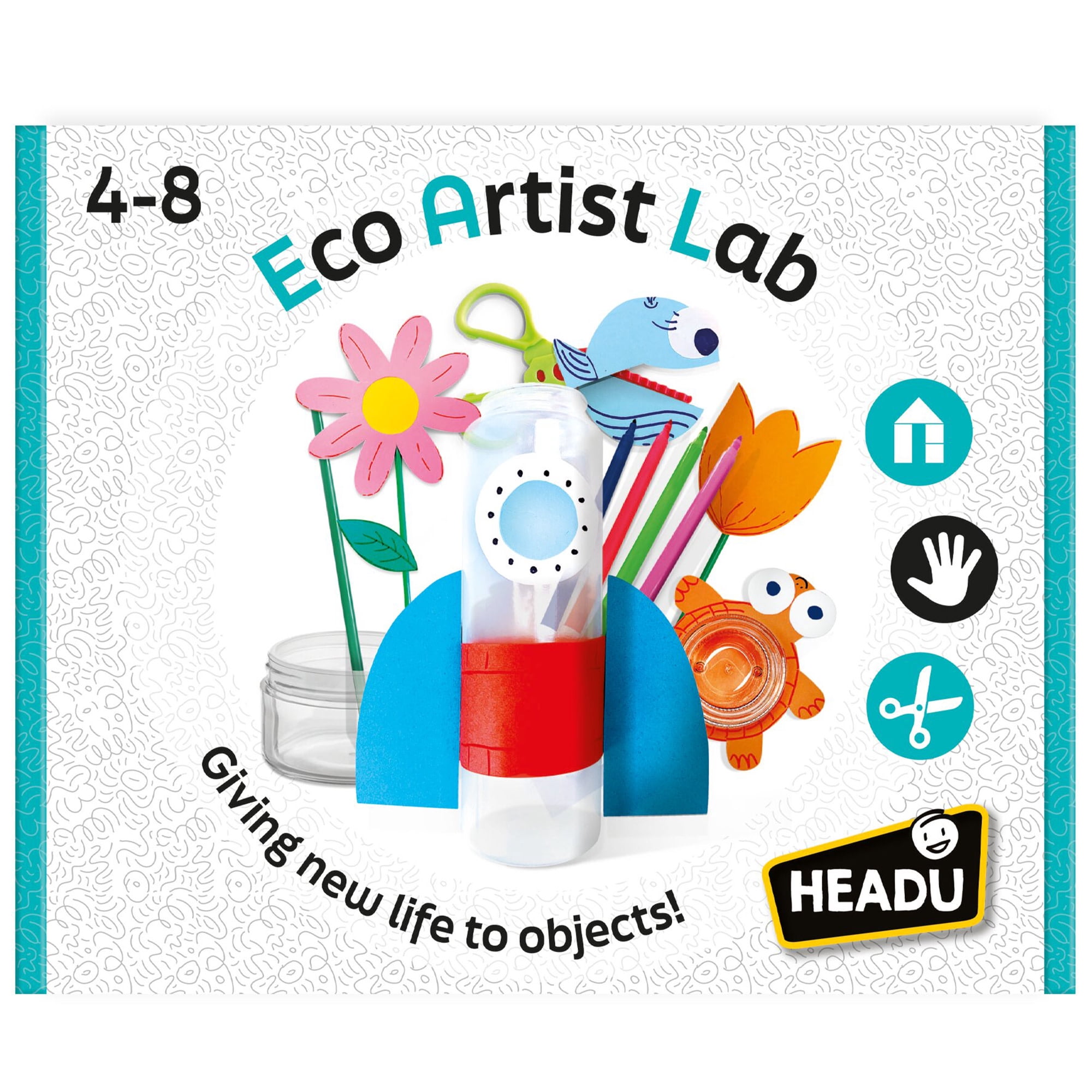 Headu: Eco Artist Lab - Transform Plastics Into Creations, DIY Characters & Objects, Cardboard Shapes, Felt Pens, Plastic Straws-Bottle-Tub, Kids 4+