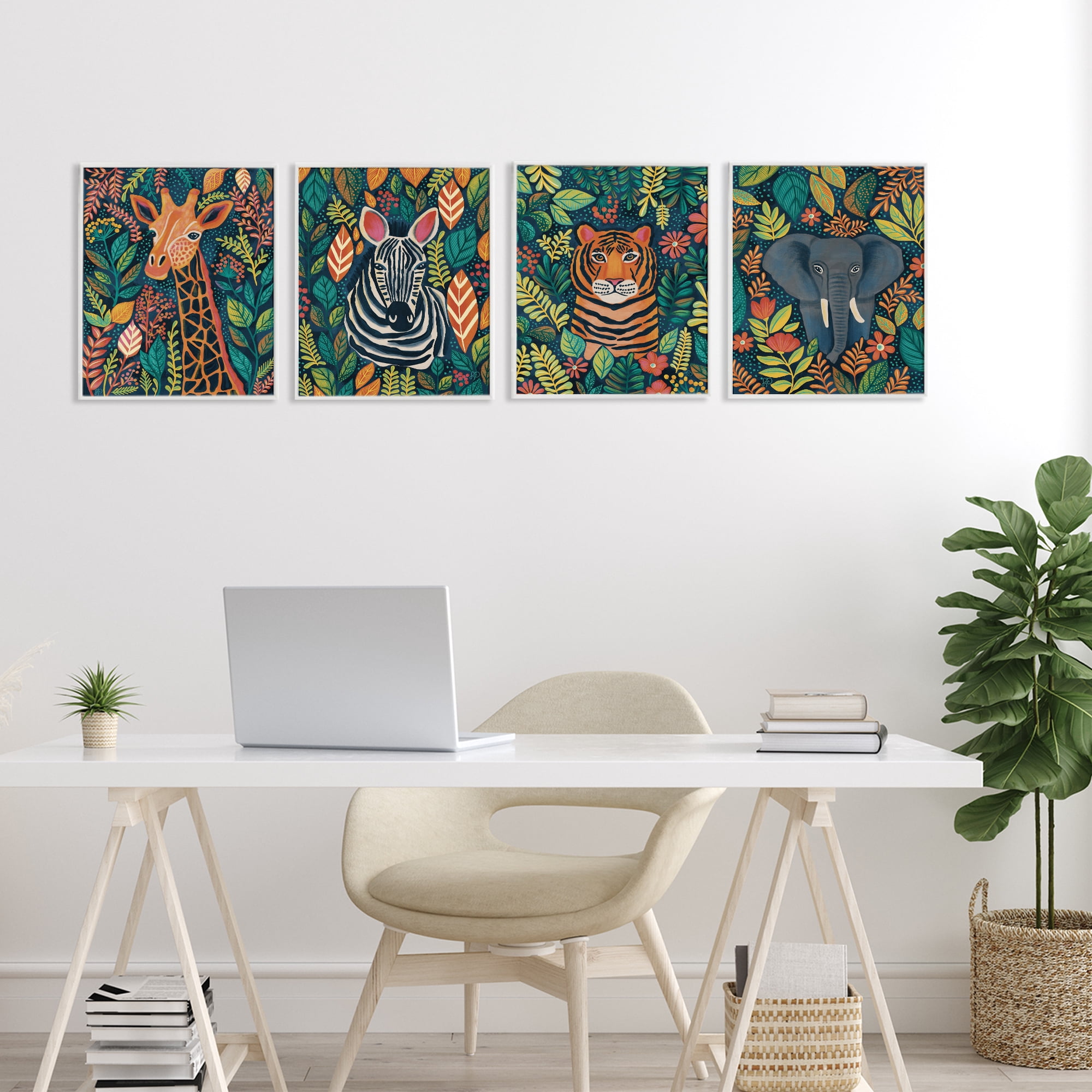 Stupell Industries Jungle Leaf Pattern Animals 4 Piece White Framed Giclee Art Set, design by Lisa R Dumm