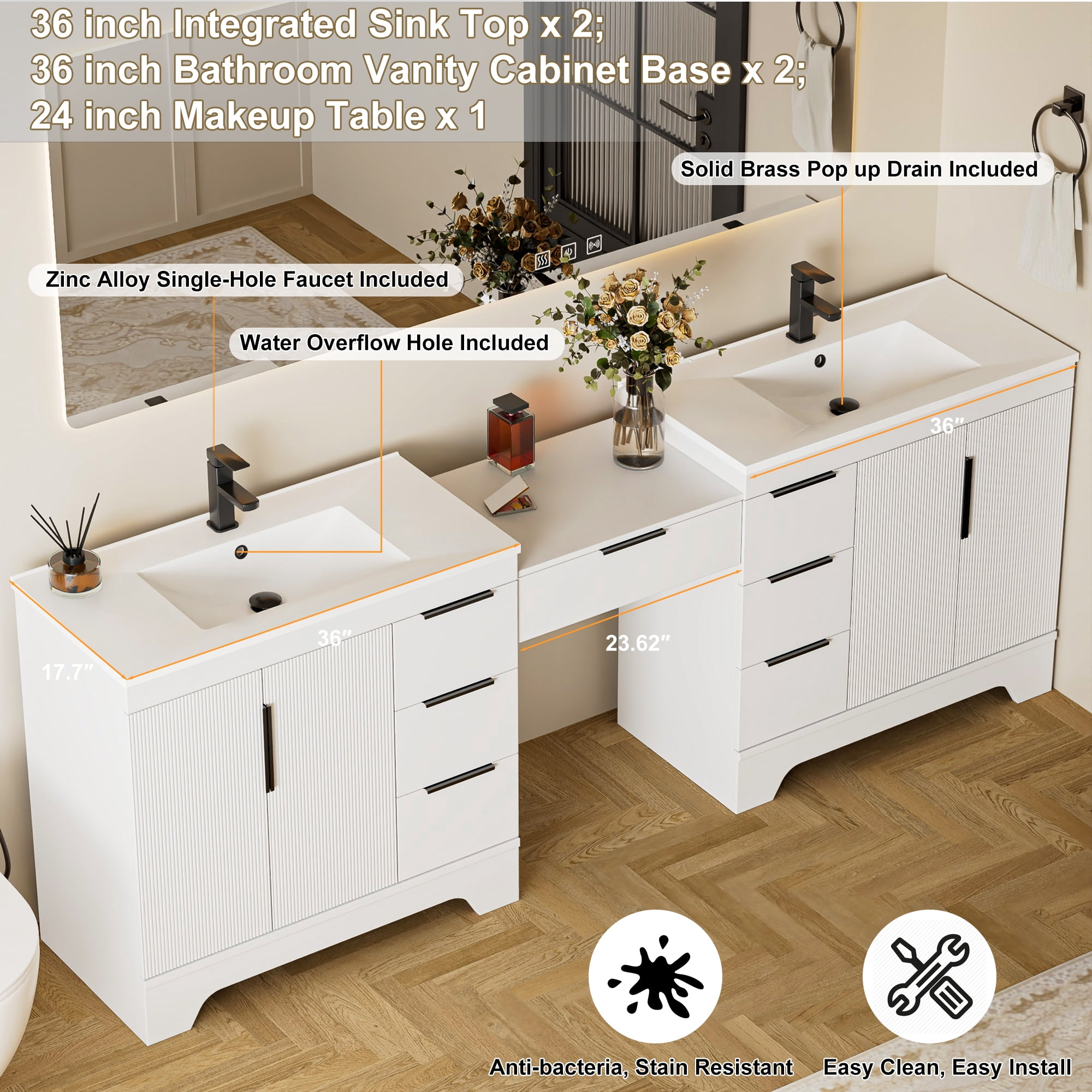 Eclife 96'' Bathroom Vanity with Double Integrated Sink, Wall-Mounted Makeup Table, Soft-Close Doors