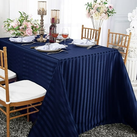 

Wedding Linens Inc. 90 x 132 Rectangular Striped Banquet Jacquard Polyester Tablecloths - Navy Blue