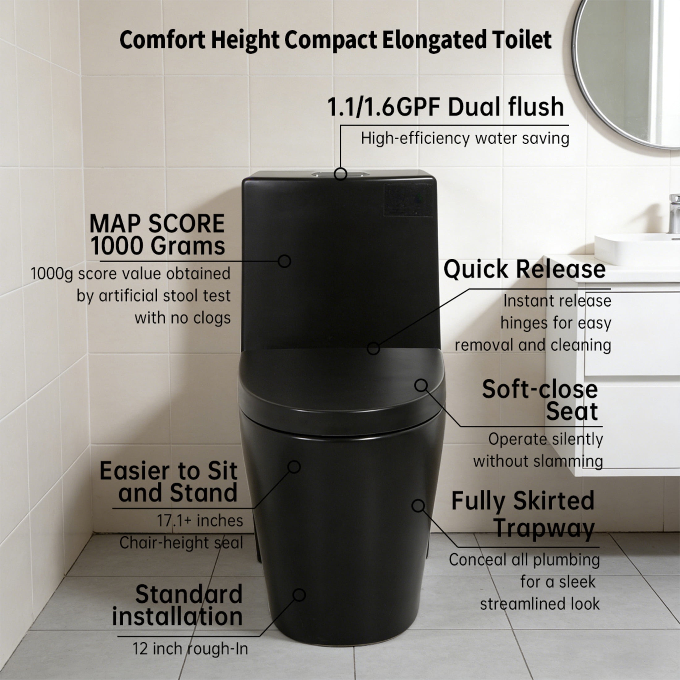 Noble House One-Piece Toilet, Elongated Comfort Bathroom Toilet with Soft-Closing Seat, Dual-Flush Siphon Jet, Black