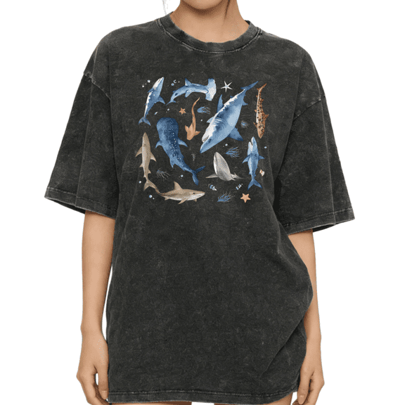 Women's Shark Ocean Animals Watercolor Graphic Vintage Comfortable Washed Tee Black S-2XL Plus Size