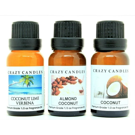 Crazy Candles 3 Bottles Set, 1 Almond Coconut, 1 Coconut Lime Verbena, 1 Coconut 1/2 Fl Oz Each (15ml) Premium Grade Scented Fragrance Oils