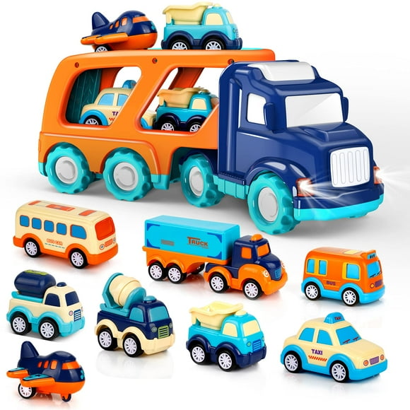 Paquete de 9 coches de juguete para niños pequeños de 2, 3, 4, 5 años, regalo para niños y niñas, camión de transporte grande con 8 pequeños y bonitos camiones de tracción, camión portador con sonido
