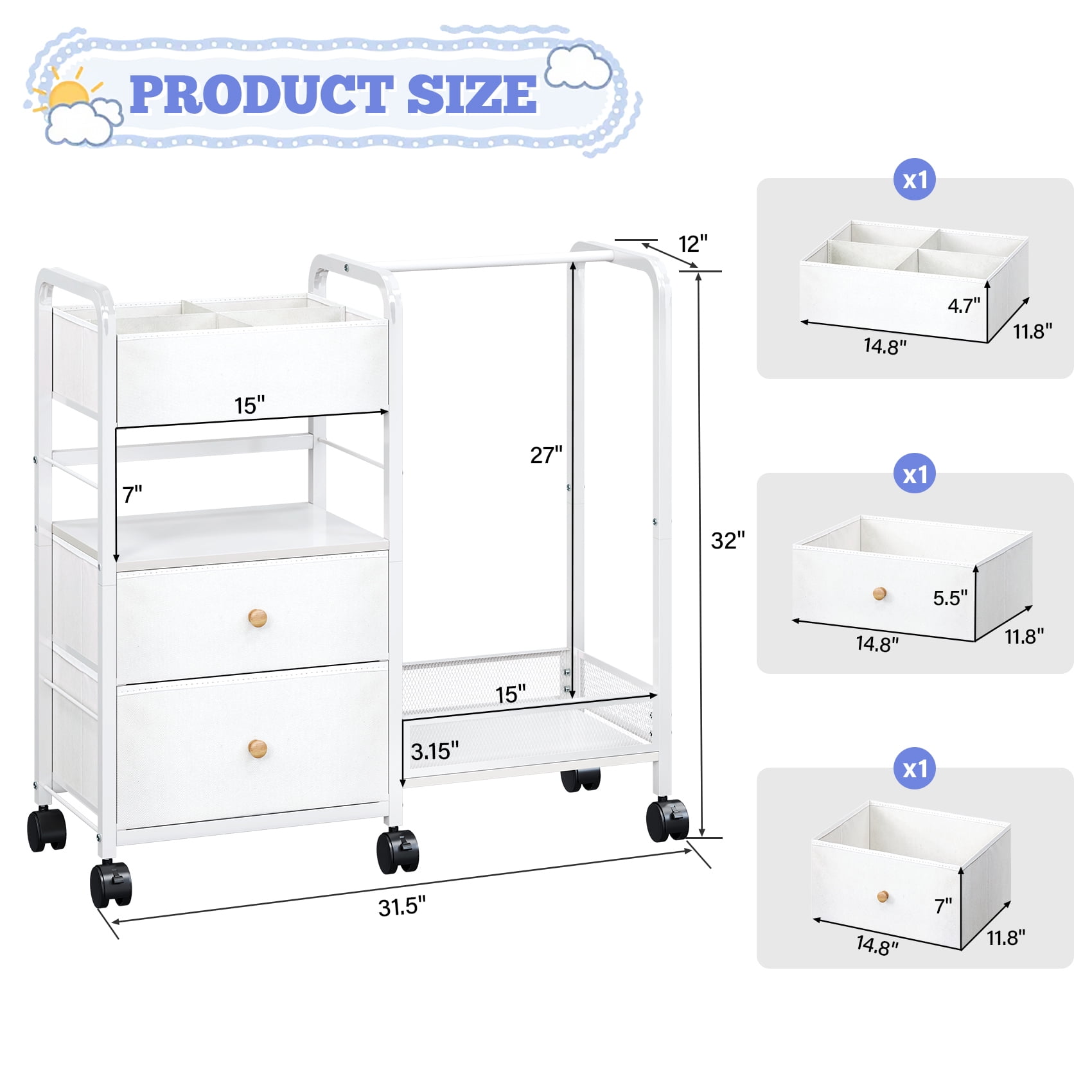 TC-HOMENY Baby All Essentials Diaper Toys Organizer Cart with 3-Tier Side Storage Space, Stroller Nursery Essentials & Craft Organizer Rolling Utility Cart, Kids Garment Rack w/ 1 Hanging Rod, White