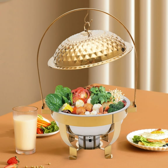 4.5L Stainless Steel Chafing Dish with Hanging Lid, 4.76 Qt Capacity, Gold Color, Heat Retention, Easy to Carry for Buffet, Family Gathering, and Outdoor Use