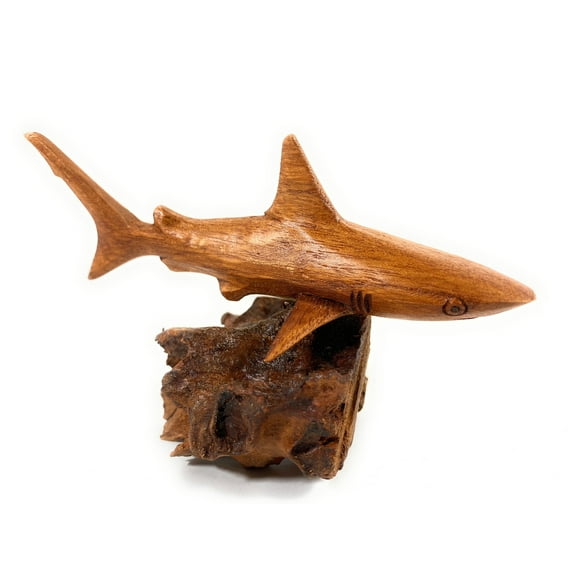 Tiger Shark Carving 6" on Driftwood Base Hand Carved | #bgl02