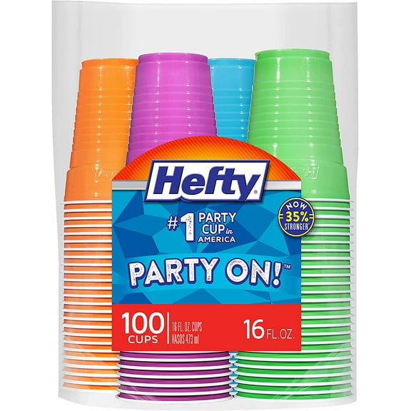 Party On Disposable Plastic Cups, Assorted, 16 Ounce, 100 Count