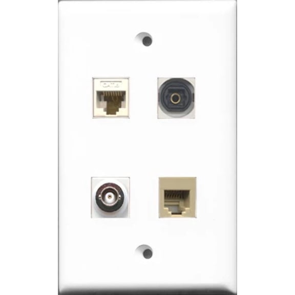 RiteAV 1 Port Phone RJ11 RJ12 Beige and 1 Port Toslink and 1 Port BNC and 1 Port Cat6 Ethernet White Wall Plate