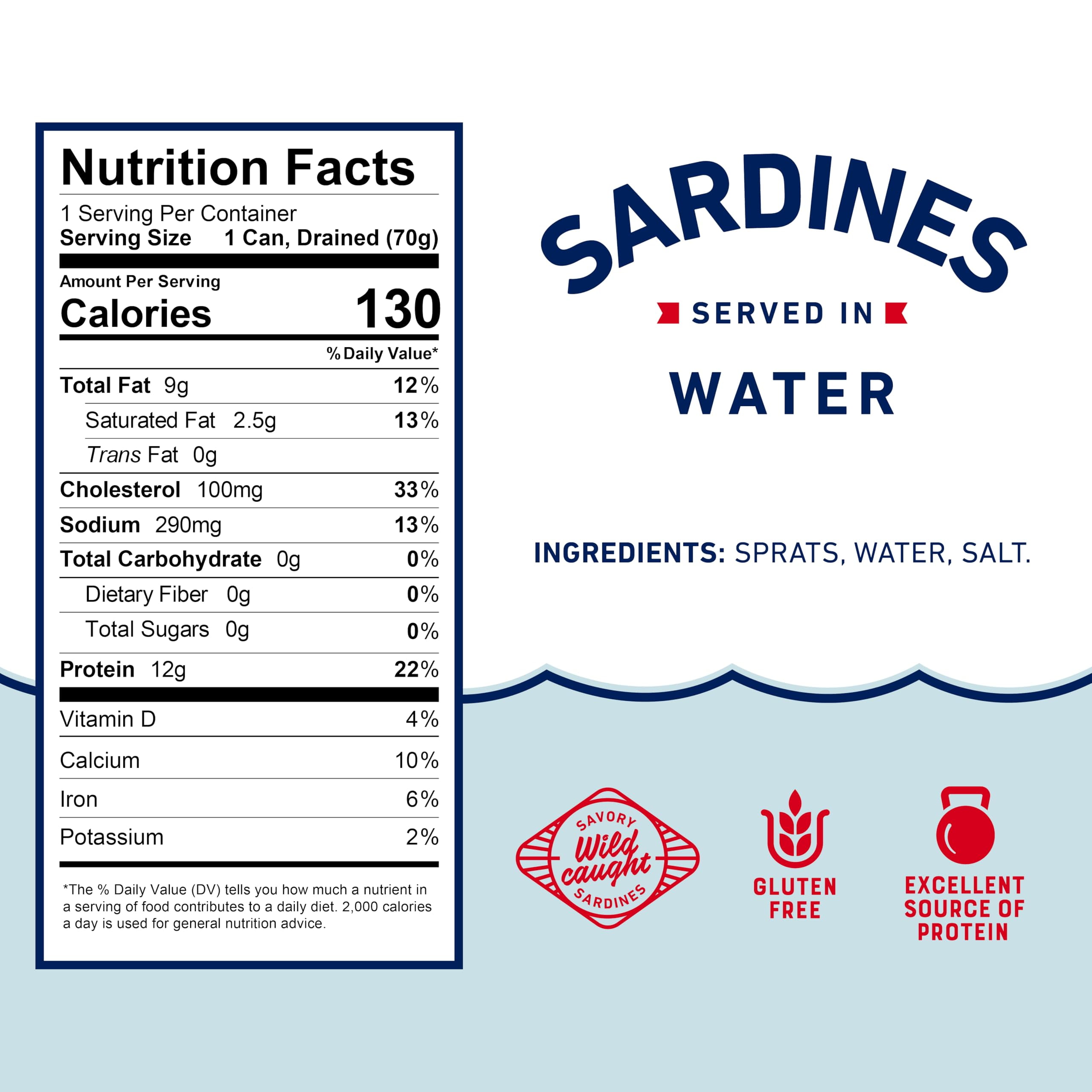 Beach Cliff Sardines in Water, 3.75 KKS1&nbsp;oz Can (Pack of 12) - Wild Caught Sardines - 12g Protein per Serving - Gluten Free, Keto Friendly