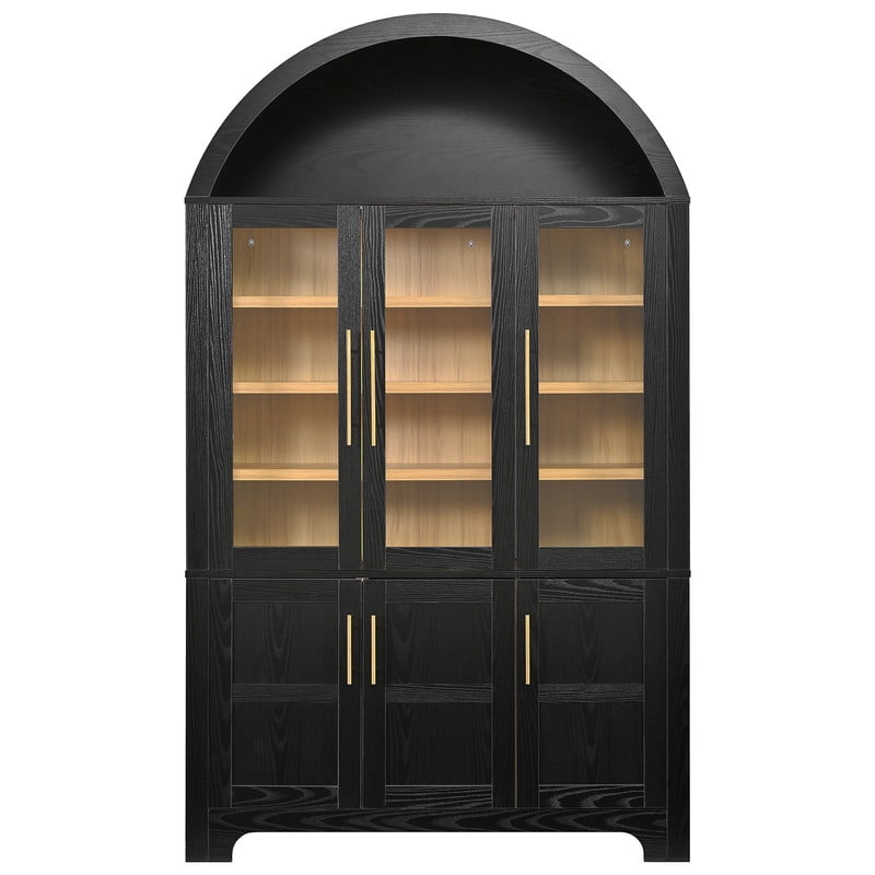 Arched Kitchen Pantry Cabinet with Glass Doors, Farmhouse Tall Storage Cabinet with Adjustable Shelves, Door Storage Racks & Open Display Shelves, Wooden Cupboard for Kitchen, Dining Room