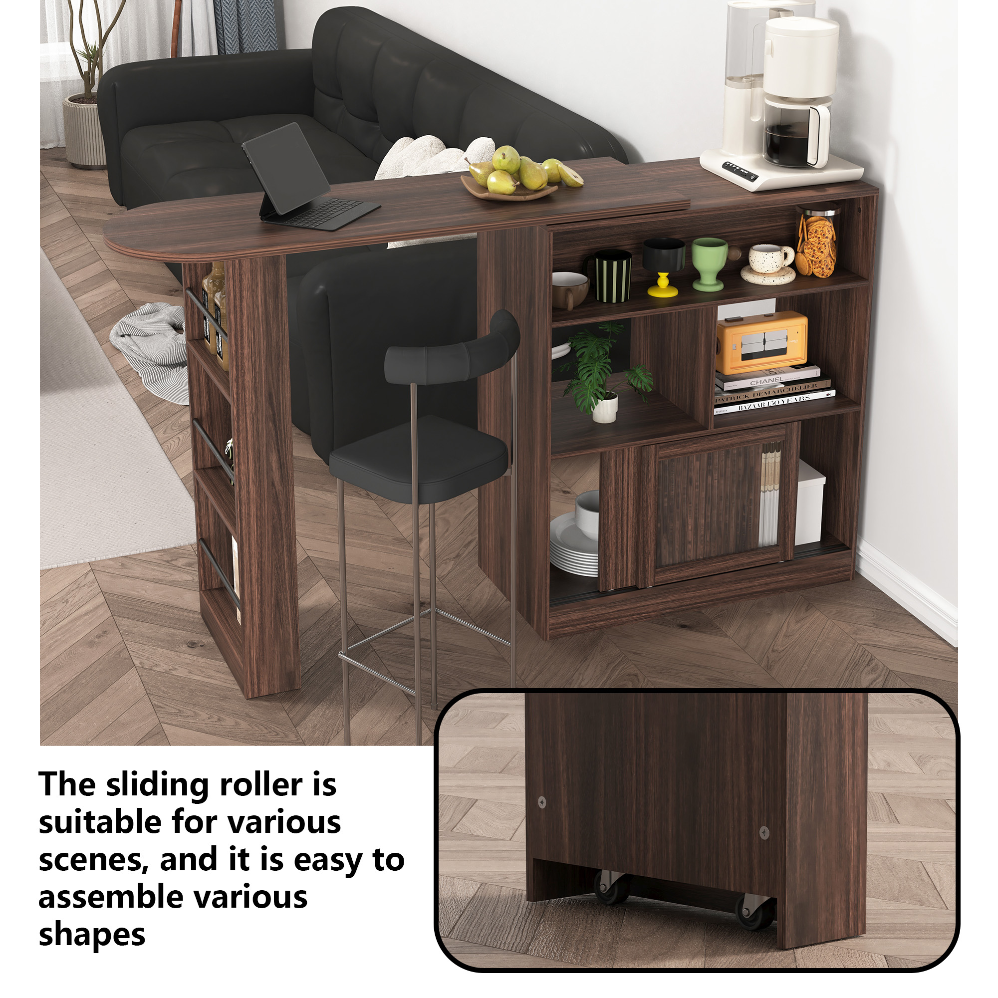 MOONMISS Walnut 3 Storage Shelves Rotating Top Modern Bar Cabinet with 6 Storage space and 2 Ribbed Glass Door