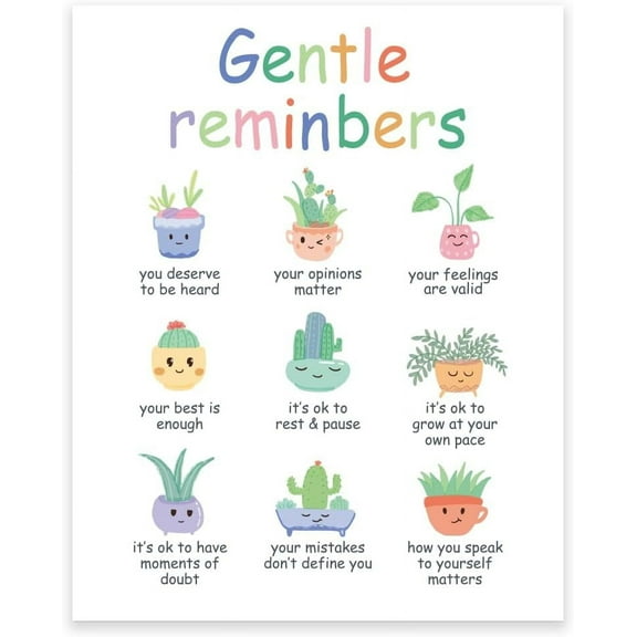 1 Pc Gentle Reminders Positive Affirmations Wall Decor Mental Health Wall Poster Cute Potted Plant Pictures Wall Art Unframed Positive Quotes Inspirational Print for Home School Office