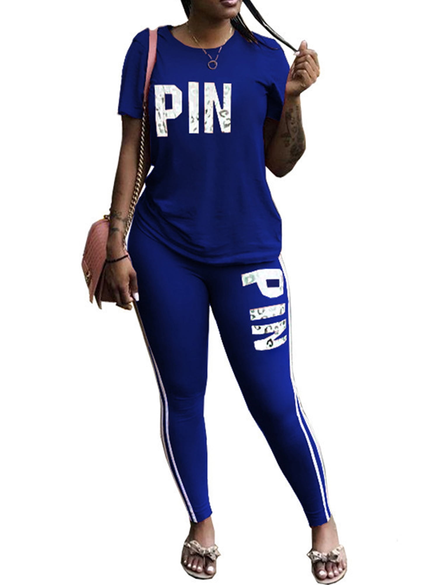 Fashion Women Short Sleeves Digital Print Casual Sporty Jumpsuit Pants Set 2pcs 