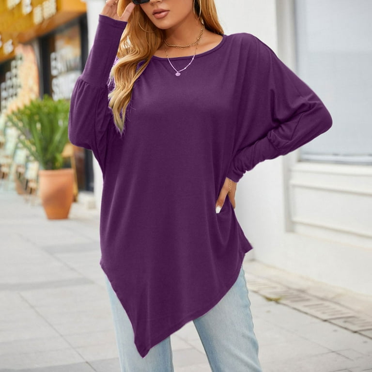 Tunic Tops to Wear with Leggings Round Neck Solid Flowy Hide Belly Long Shirt Dressy Long Sleeve Shirts Comfy Plus Size Tops for Women Purple L Walmart
