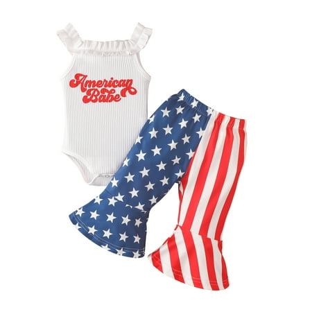 

wybzd Toddler Baby Girl 4th of July Outfits Short Sleeve Letter T-Shirt American Flag Print Pants Clothes Set White 6-12 Months