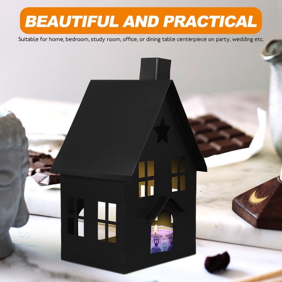 OULII Black Metal Candle Holder with Vintage House Design, Decorative Candlestick for Tabletop Home Decor