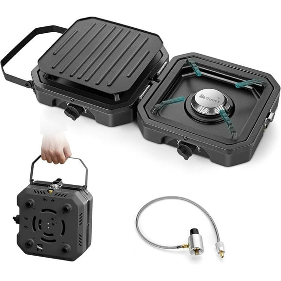 2 Burner Propane Camping Stove with Griddle & Grates, Portable Foldable Cooking Stove with Total 16,000 BTU, Two Piezo Ignition Adjustable Burners for Camping, Patio, Emergency, Hiking (Black)