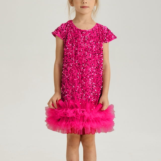 LOVZFMLL Robe à Manches Courtes Imprimé Fleuri pour Fille Robe Extensible de Pâques Col Rond Jupe de Danse pour Enfants