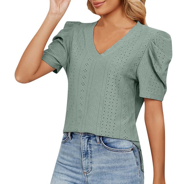 Gibobby Camiseta de manga corta con cuello en V Camiseta suelta informal con cuello en V para mujer, blusa manga corta con estampado(Verde,G)