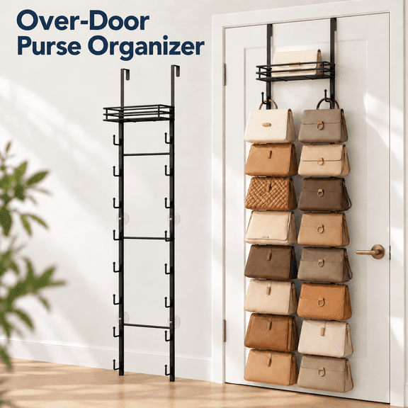 OZERA Over the Door Purse Organizer, Wall Mounted Hanging Handbag Storage Rack with 16 Hooks and Metal Basket, Holds up to 16 Bags, for Door and Closet, Can Be Used as 1 or 2 Separate Parts