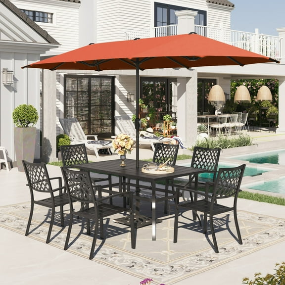Sophia & William 8-Piece Outdoor Dining Set with 13 ft Double Sided Orange Red Umbrella, Patio Table & Metal Chairs for 6