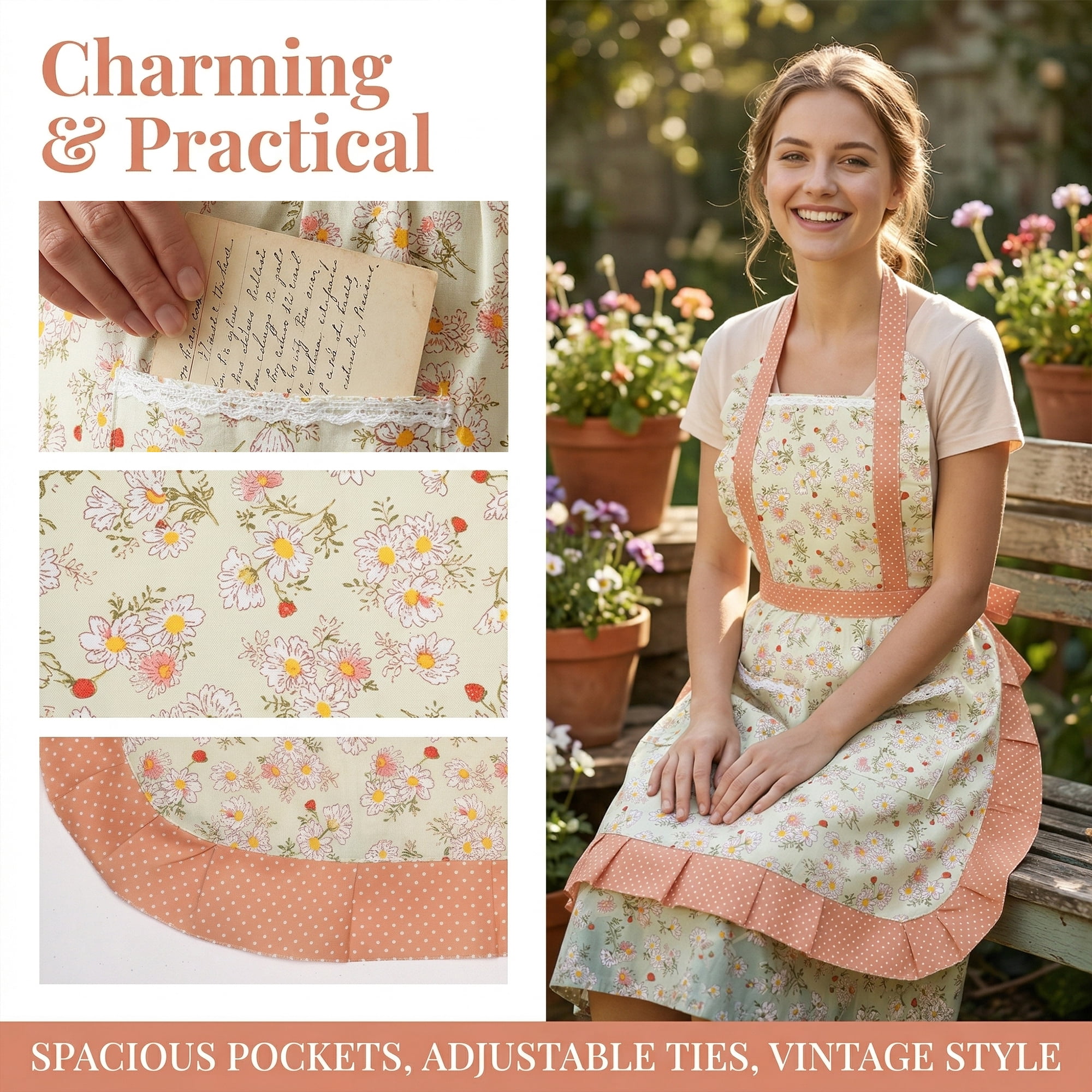 Unique Bargains Durable Floral Kitchen Apron with Pockets and Adjustable Tie Light Green