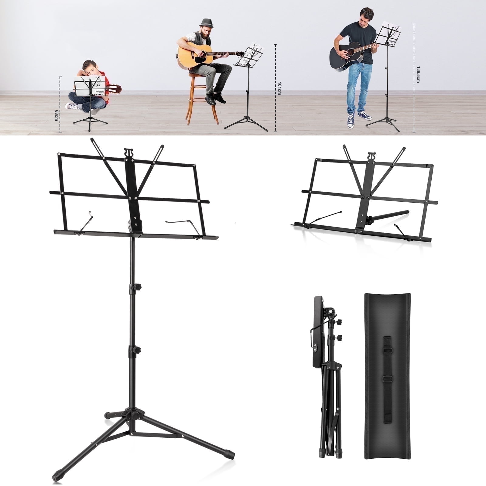 New Bee Music Stand 3-Stage Adjustable ,2-in-1 Folding Stand,Widening and Thickening Plate 180° Rotating for Book/Tablet,Black