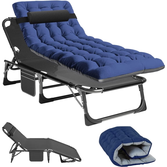 Barbella Folding Camping Cots Patio Lounge Chair with Mattress, 4 Position Adjustable Folding Sleeping Bed Patio Chaise Lounge Chairs for Sunbathing, Camping, Pool, Beach, Patio, Onesize