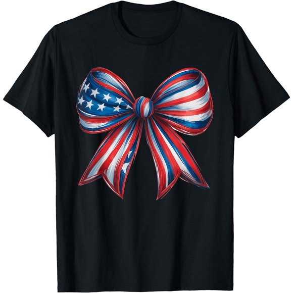 Vintage American flag bow 4th of July patriotic girls women T-Shirt - Black - M