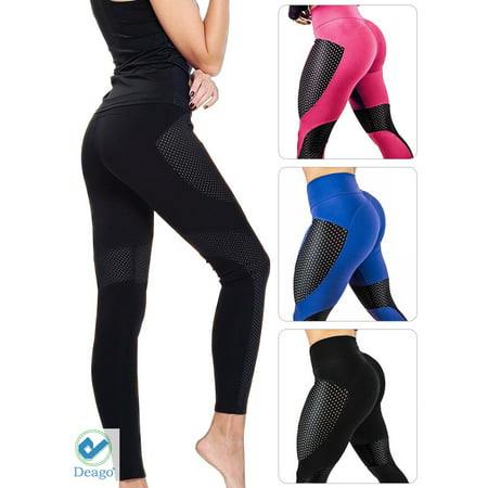 Deago Women's Yoga Pants Mesh Workout Leggings Sports Trouser Gym Fitness High Waist Tummy Control