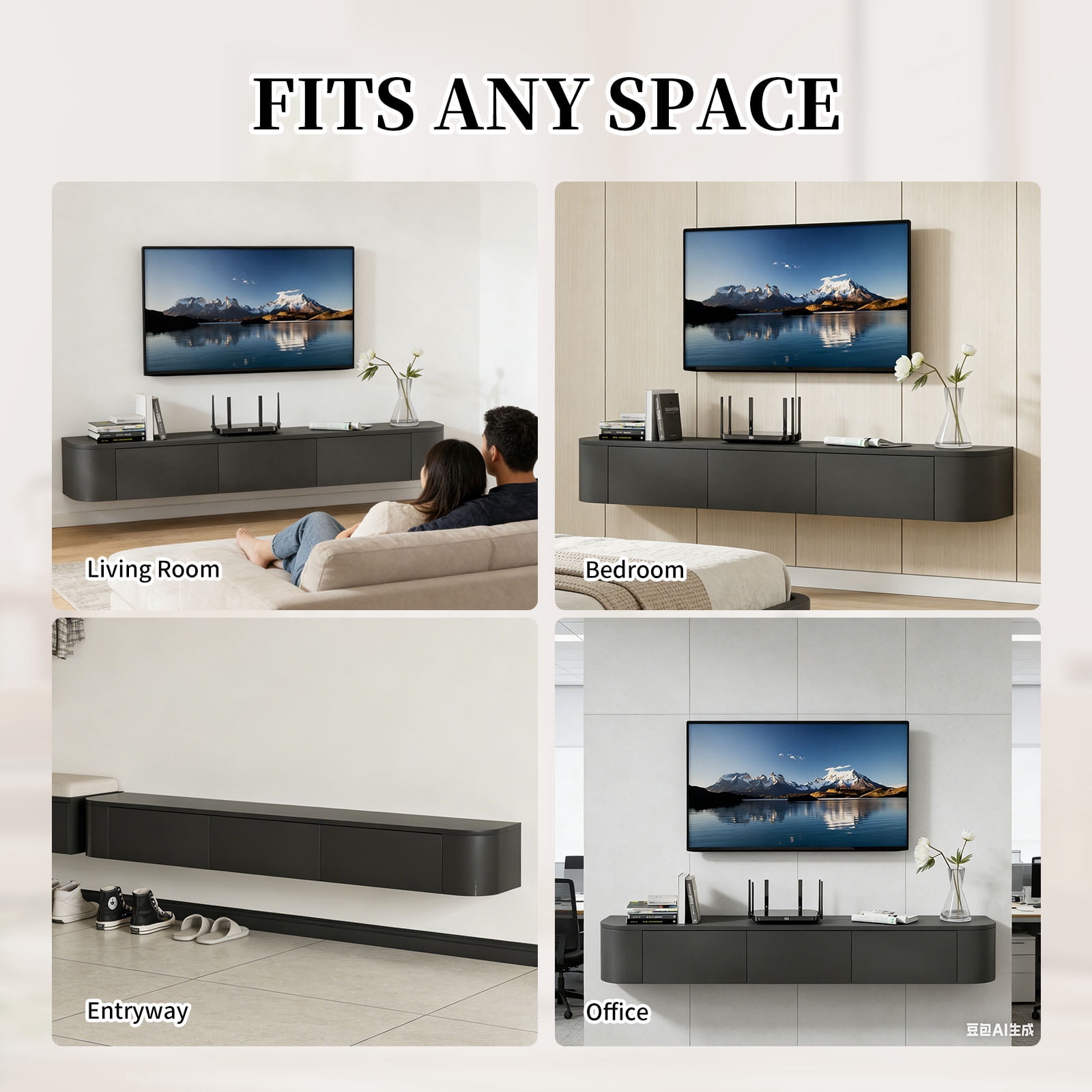 Wall Mounted Floating TV Stand Modern Media Console with 2 Drawers 1 Silent Door for Living Room Home Office (Black 140CM/55.1'')
