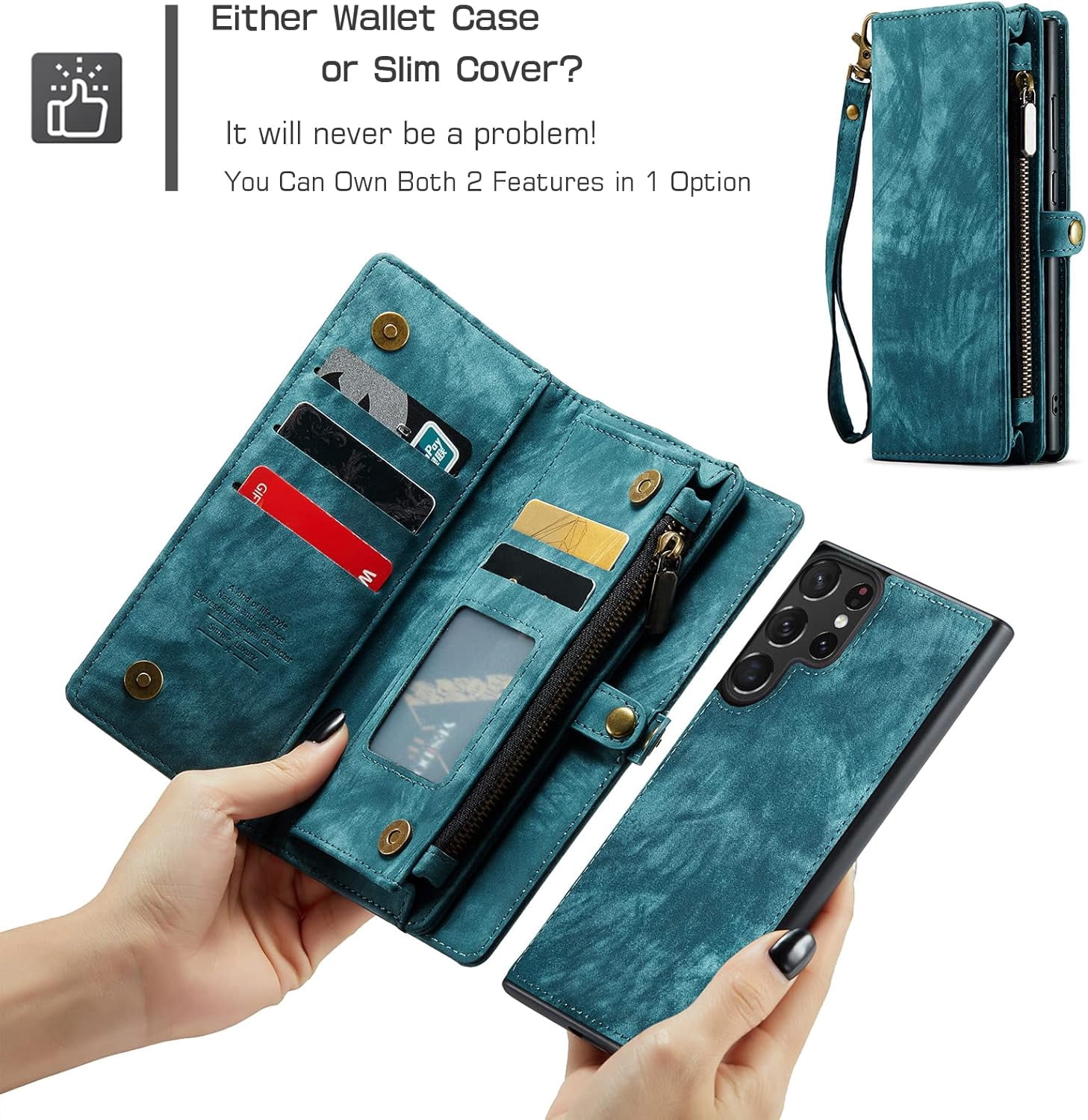 Phone Case for Samsung Galaxy S23 Ultra 5G Zipper Wallet Detachable Cover with Leather Flip Credit Cash Card Holder Mobile Cell Accessories S23Ultra 23S S 23 23Ultra 6.8 inch Women Men Blue