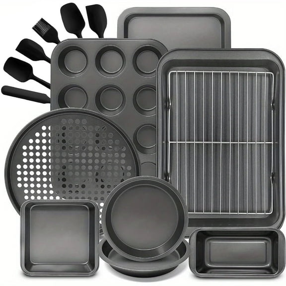 CHEF LANG Bakeware Sets, Baking Pans Set, Nonstick Oven Pan for Kitchen, 15 Pieces Including Rack, Cookie Sheet, Cake Pans, Loaf Pan, Muffin Pan, Pizza Pan - Grey