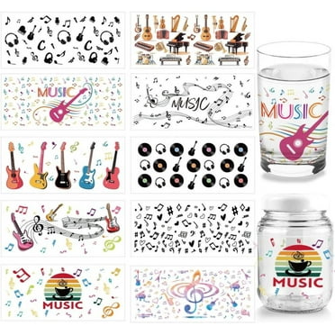 10 Sheets Music Theme UV DTF Cup Wrap for 16OZ Glass Guitar Piano Earphone Rub on Decals Cartoon PVC Transfer Stickers for DIY Cups Bottles Instruments Music Gift