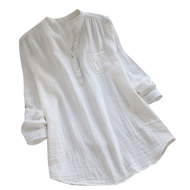 Chemises à Manches Longues Col en V pour Femmes, Tunique en Coton et Lin, Blouse Douce et Décontractée