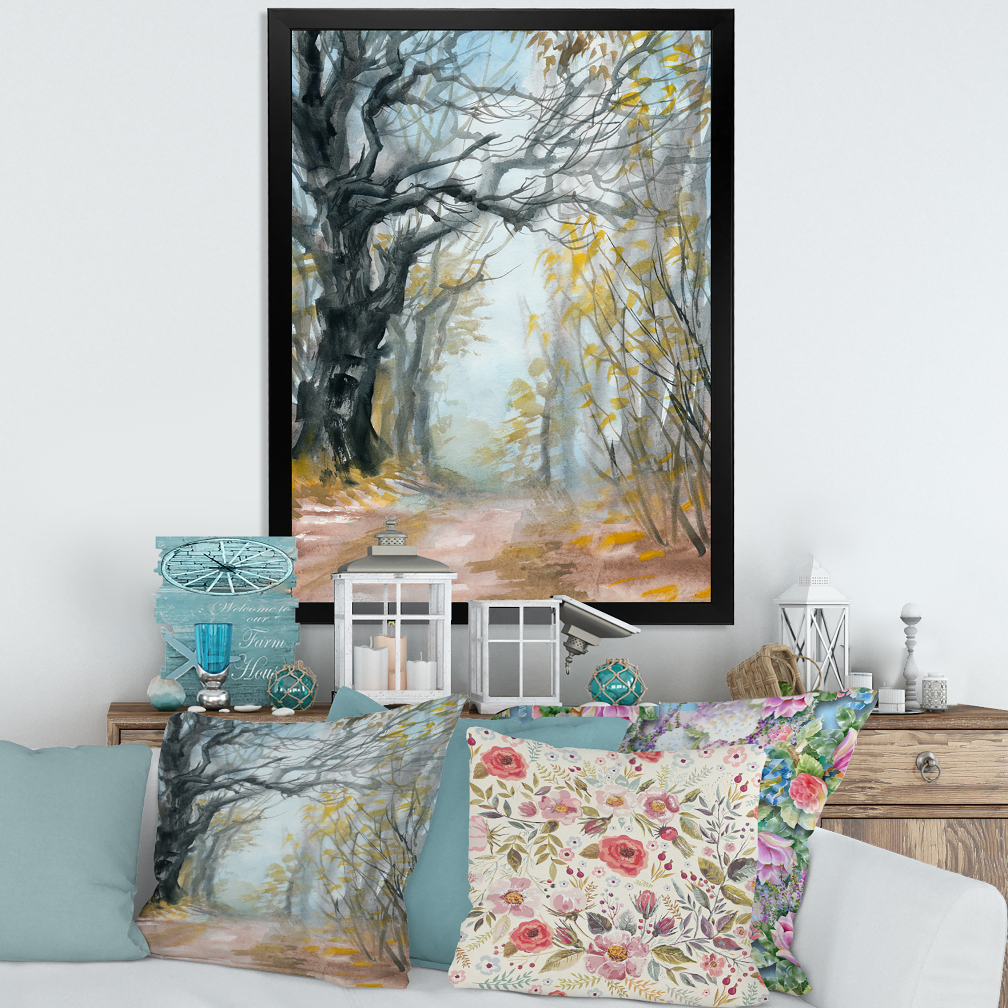 Designart 'Autumn in Misty Forest' Lake House Framed Art Print