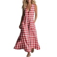 thumbnail image 2 of Maqroz Womens Button Down Sleeveless Pocket Cotton Linen Plaid Long Maxi Dress Casual Summer Beach Sundress Red M, 2 of 7