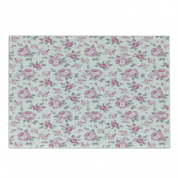 Shabby Flora Cutting Board, Pastel Roses Grey Leaves Garden Bedding Plants Spring Blossoms, Decorative Tempered Glass Cutting and Serving Board, Small Size, Pale Pink White Grey, by Ambesonne