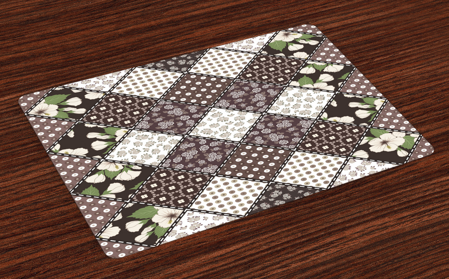 Retro Placemats Set of 4 Patchwork with Polka Dots Hibiscus Flowers and