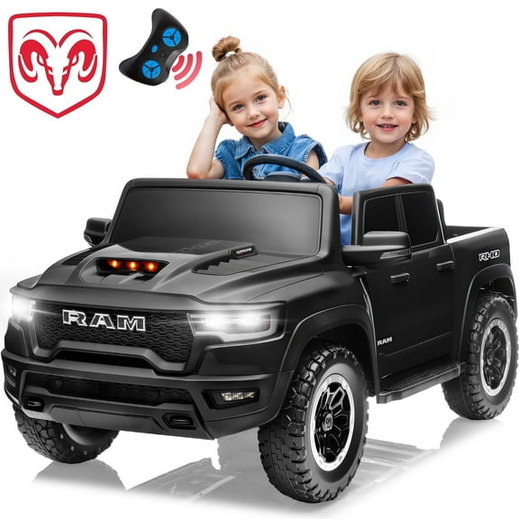 CASEMIOL 2-Seater 24V Kids Ride on Toys Truck with Remote Control, Licensed RAM 1500 RHO Battery Powered Car for Kids, Electric Ride on Car w/ 3-Point Seat Belts, Bluetooth Music, LED Lights, Black