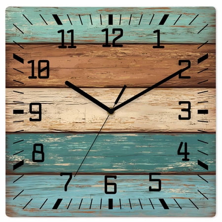 Farmhouse Teal Brown Wooden Wall Clock Silent Non Ticking, Vintage Retro Wooden Square Wall Clocks Battery Operated, Decor Clock for Home Office, Living Room, Kitchen, 10 Inch