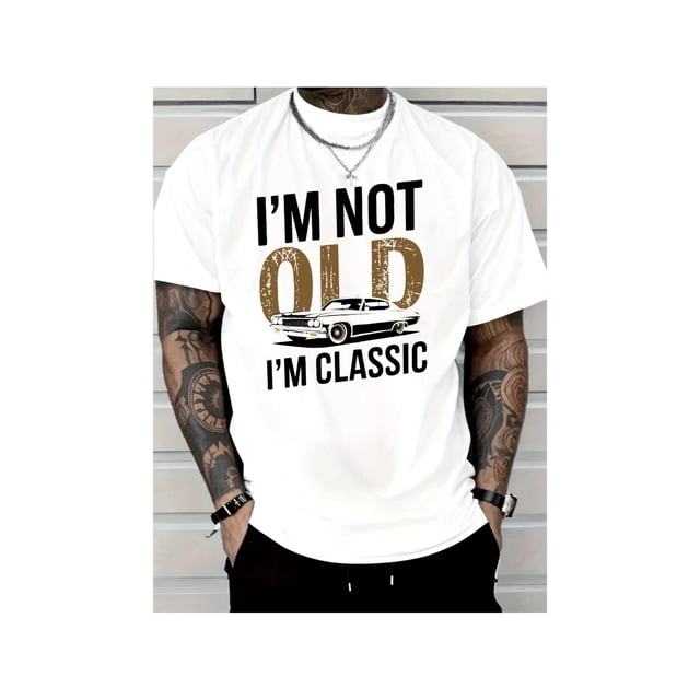Men's "I'm Not Old, I Am Classic" Pattern T-shirt- Soft Cotton, Casual Crew Neck, Short Sleeve, Vintage Car Print-Durable and Breathable, Suitable for Casual Wear